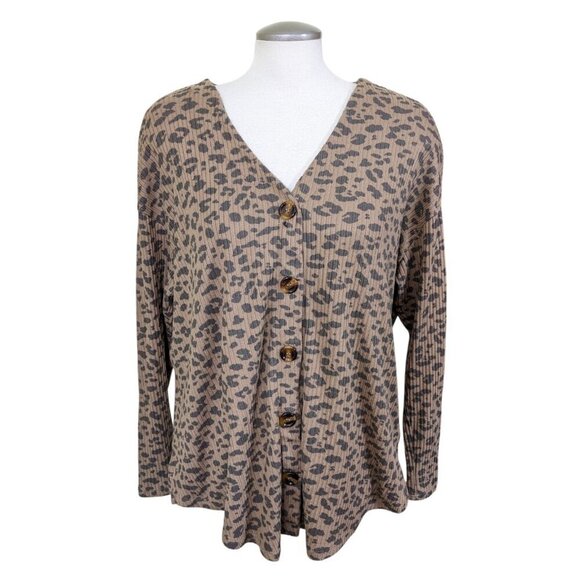 Aero Knit Cardigan Sweater Womens L Brown Leopard Print Ribbed Knit Button Up - Picture 1 of 8